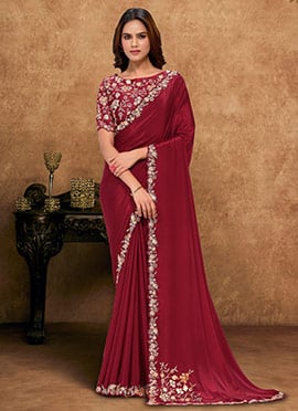 Elegant Maroon Crepe Georgette Embroidered Stone Beads Sequins Zari Saree
