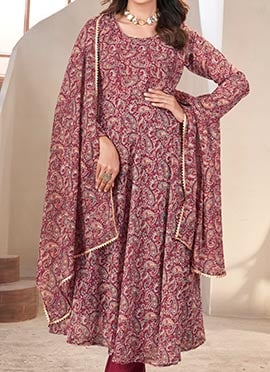 Elegant Maroon Faux Georgette Digital Print Anarkali Suit