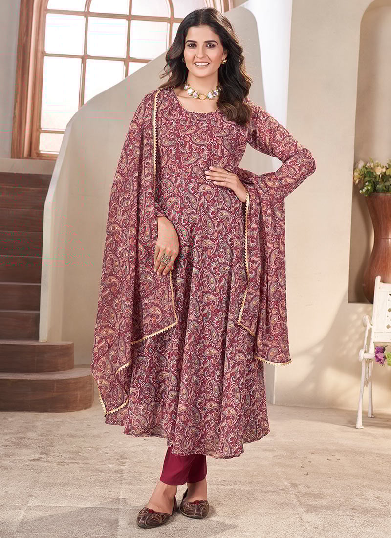 Elegant Maroon Faux Georgette Digital Print Anarkali Suit