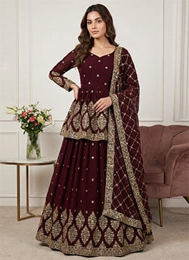 Elegant Maroon Faux Georgette Embroidered Sequins A Line Lehenga