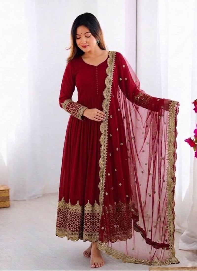 Elegant Maroon Faux Georgette Embroidered Sequins Anarkali Suit After Six Wear