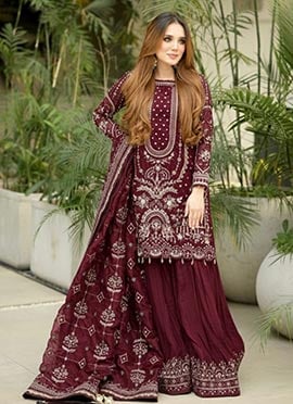 Elegant Maroon Faux Georgette Embroidered Sequins Moti Palazzo Suit