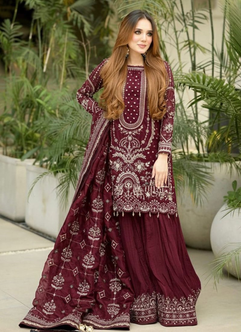 Elegant Maroon Faux Georgette Embroidered Sequins Moti Palazzo Suit Festive Wear
