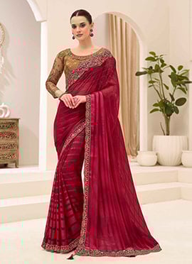 Elegant Maroon Georgette Embroidered Sequins Beads Thread Saree