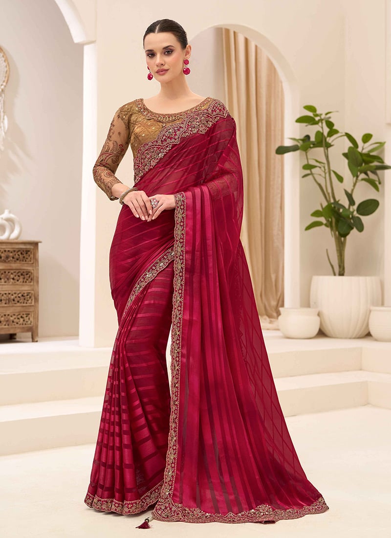 Elegant Maroon Georgette Embroidered Sequins Beads Thread Saree Wedding Wear
