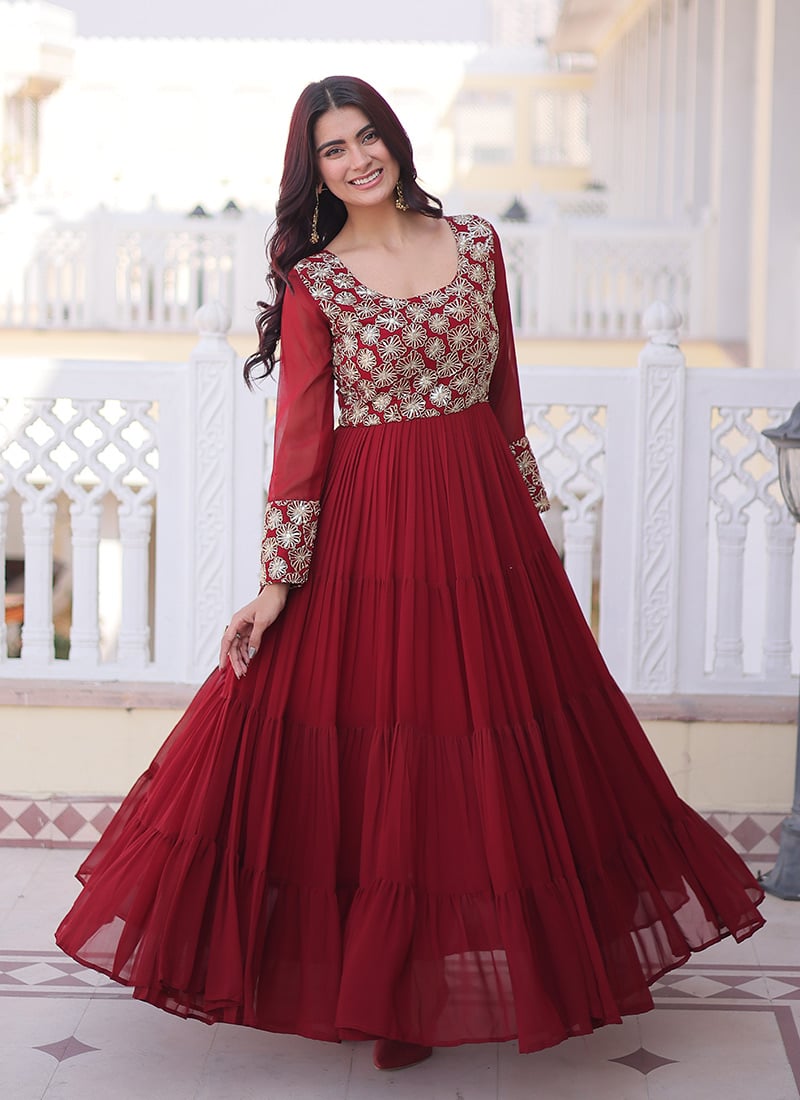 Elegant Maroon Georgette Sequins Zari Dresses And Gown After Six Wear
