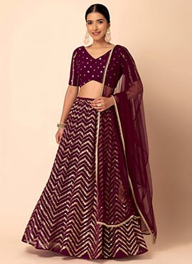 Elegant Maroon Georgette Zari Embroidered Sequins A Line Lehenga
