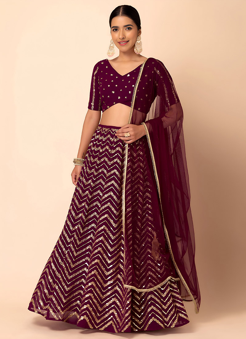 Elegant Maroon Georgette Zari Embroidered Sequins A Line Lehenga Wedding Wear