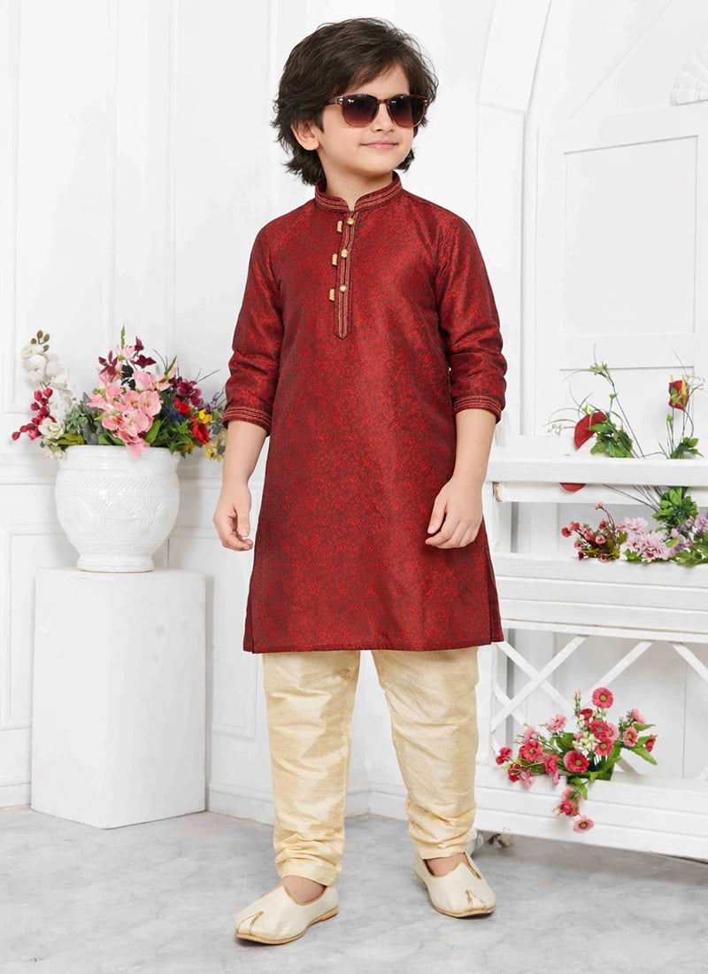Elegant Maroon Jacquard Silk Brocade Kids Boys Kurta Pyjama Festive Wear
