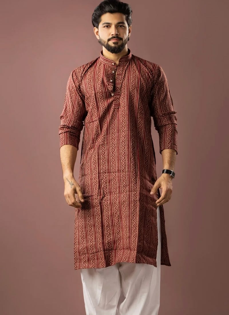 Elegant Maroon Modal Silk Printed Kurta Pyjama Festive Wear