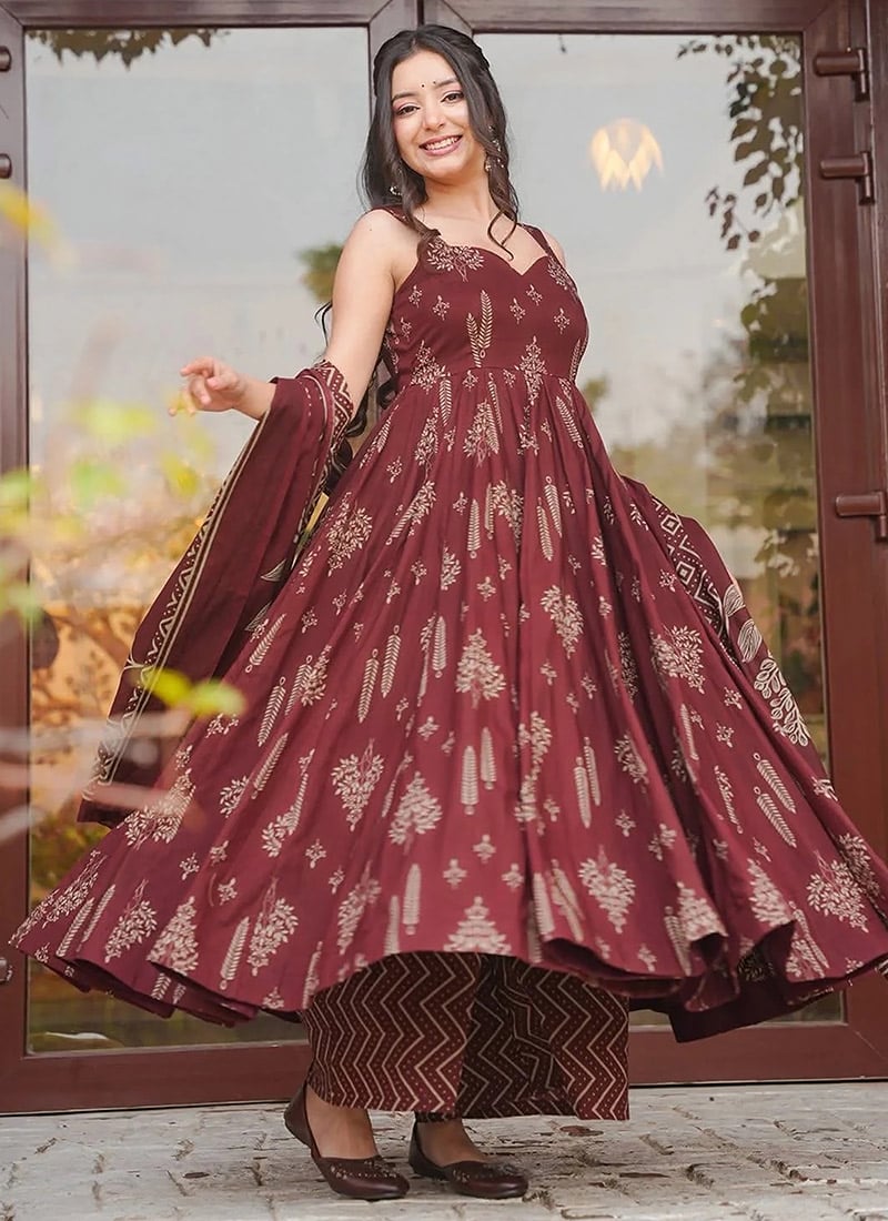 Elegant Maroon Muslin Digital Print Anarkali Suit After Six Wear