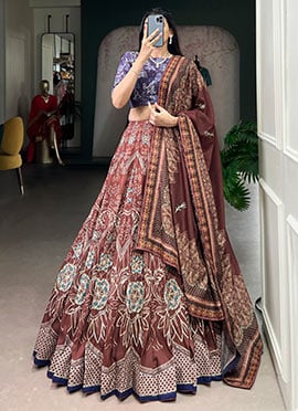 Elegant Maroon Silk Printed Beads Work and Gotta Patti Touch Up Umbrella Lehenga