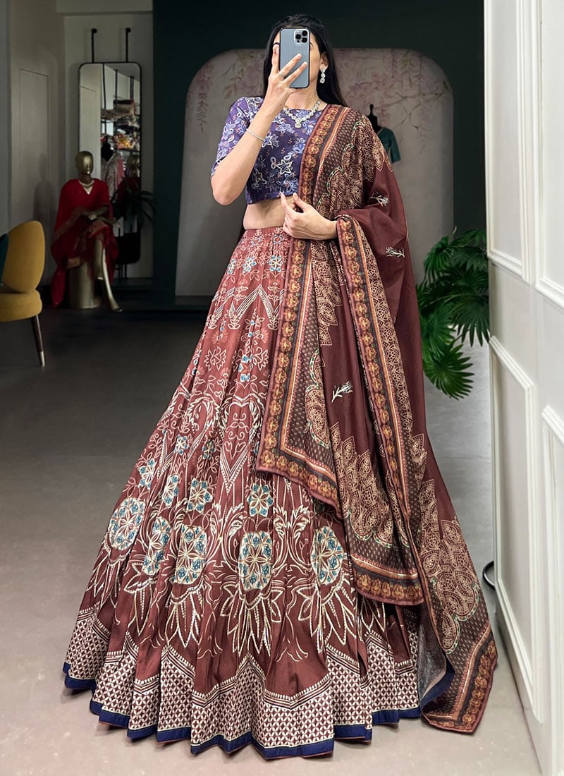 Elegant Maroon Silk Printed Beads Work and Gotta Patti Touch Up Umbrella Lehenga Wedding Wear