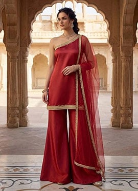 Elegant Maroon Silk Ready Lace Work Palazzo Suit
