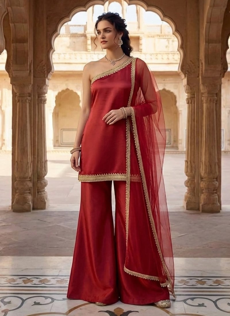Elegant Maroon Silk Ready Lace Work Palazzo Suit Festive Wear