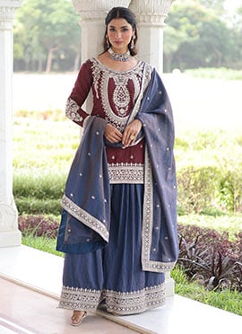 Elegant Maroon Silk Sequins Embroidered Palazzo Suit