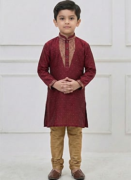 Elegant Maroon Silk Zari Thread Kids Boys Kurta Pyjama