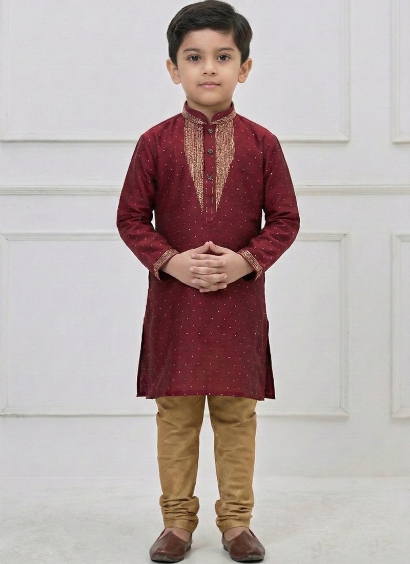 Elegant Maroon Silk Zari Thread Kids Boys Kurta Pyjama Festive Wear