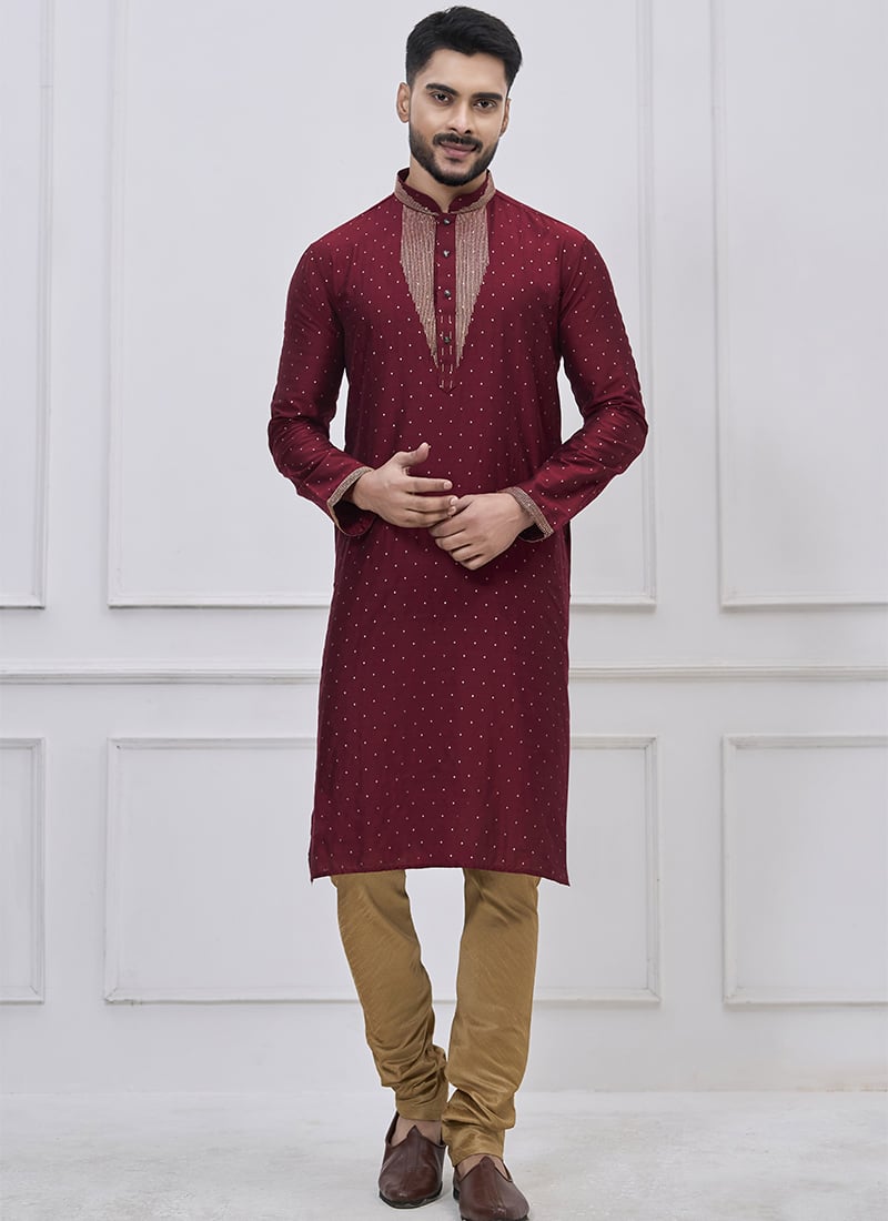 Elegant Maroon Silk Zari Thread Kurta Pyjama Festive Wear