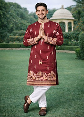 Elegant Maroon Soft Silk Thread Embroidered Kurta Pyjama