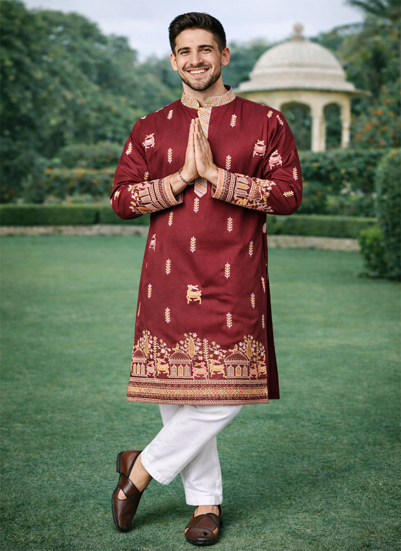 Elegant Maroon Soft Silk Thread Embroidered Kurta Pyjama Festive Wear