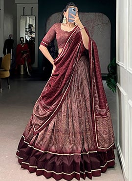 Elegant Maroon Tussar Silk Kalamkari Print With Lace Border Umbrella Lehenga