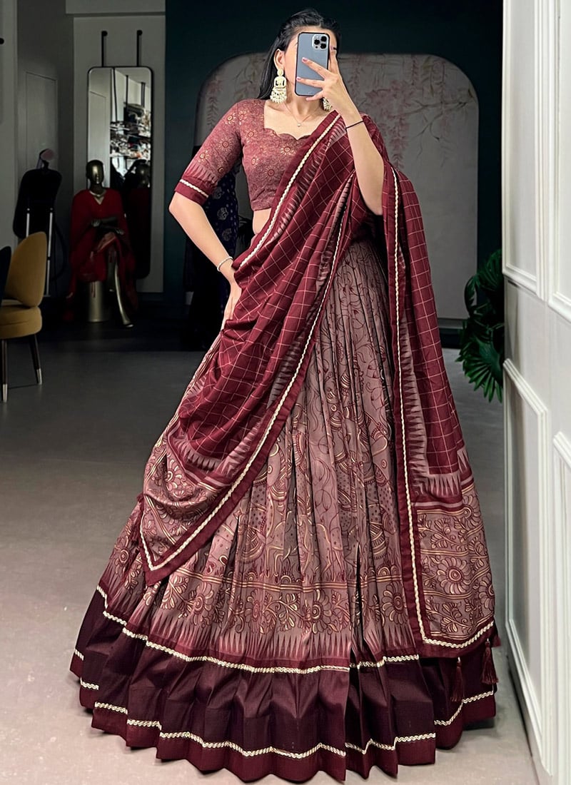 Elegant Maroon Tussar Silk Kalamkari Print With Lace Border Umbrella Lehenga Festive Wear
