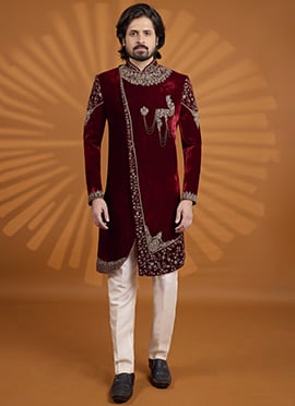 Elegant Maroon Velvet Embroidered Classic Sherwani