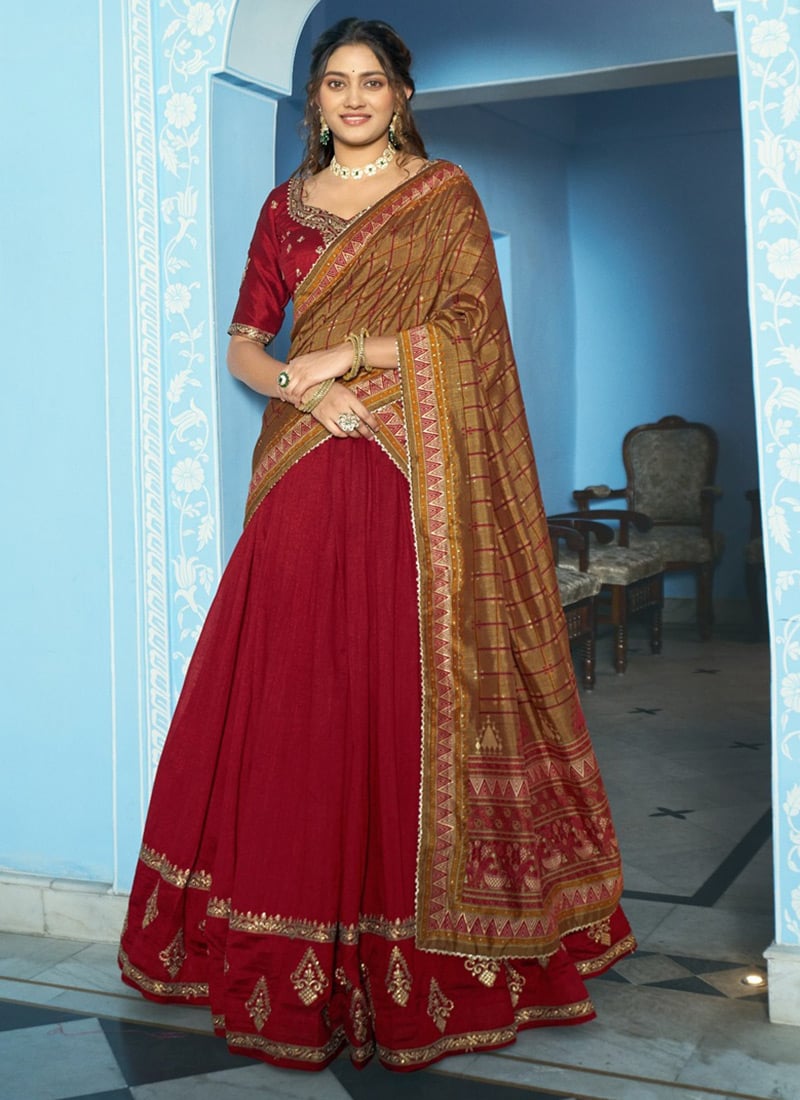 Elegant Maroon Vichitra Silk Sequins Embroidered Thread Umbrella Lehenga Wedding Wear