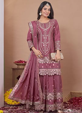 Elegant Mauve Crepe Sequins Embroidered Palazzo Suit