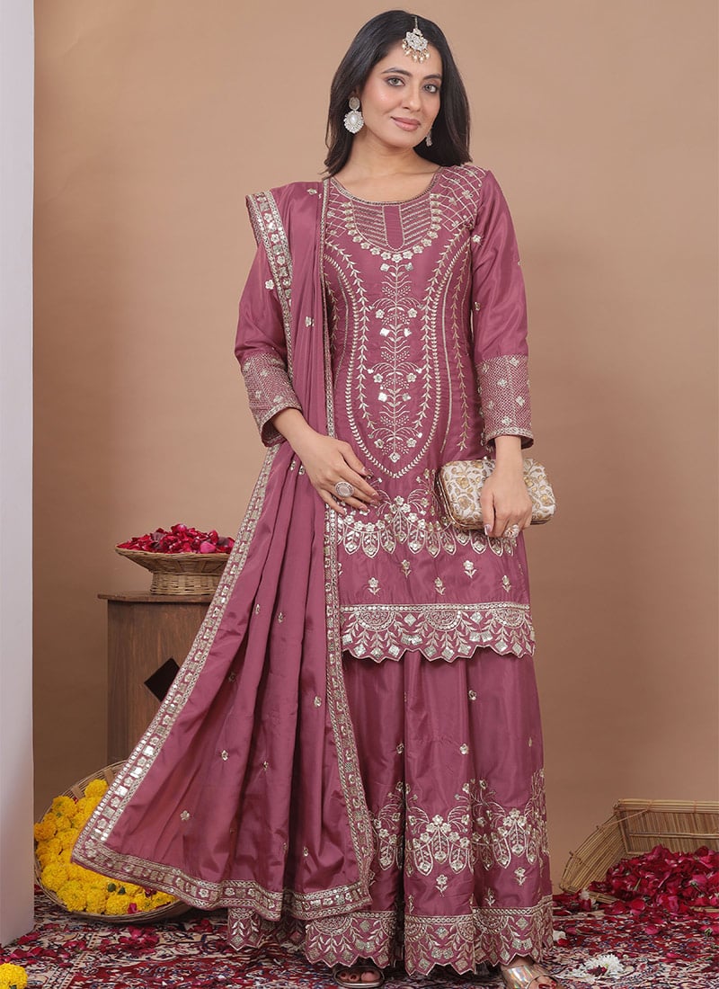 Elegant Mauve Crepe Sequins Embroidered Palazzo Suit Festive Wear