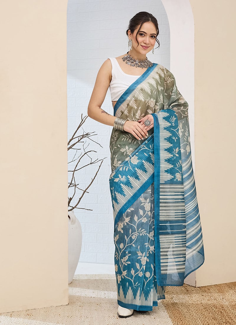 Elegant Mehendi Green Silk Blend Digital Print Saree After Six Wear