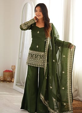 Elegant Mehendi Green Silk Embroidered Sequins Zari Palazzo Suit