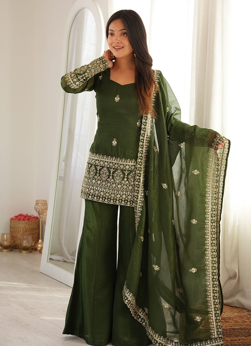 Elegant Mehendi Green Silk Embroidered Sequins Zari Palazzo Suit After Six Wear