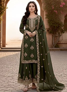 Elegant Mehendi Green Silk Embroidered Stones Sequins Palazzo Suit