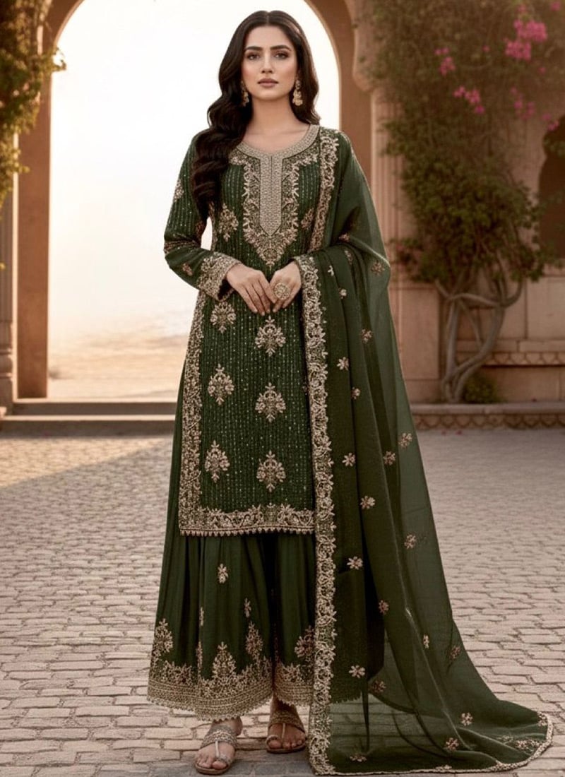 Elegant Mehendi Green Silk Embroidered Stones Sequins Palazzo Suit Festive Wear
