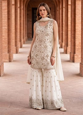 Elegant Mint Green Premium Georgette Embroidered Sequins Stone Sharara Suit