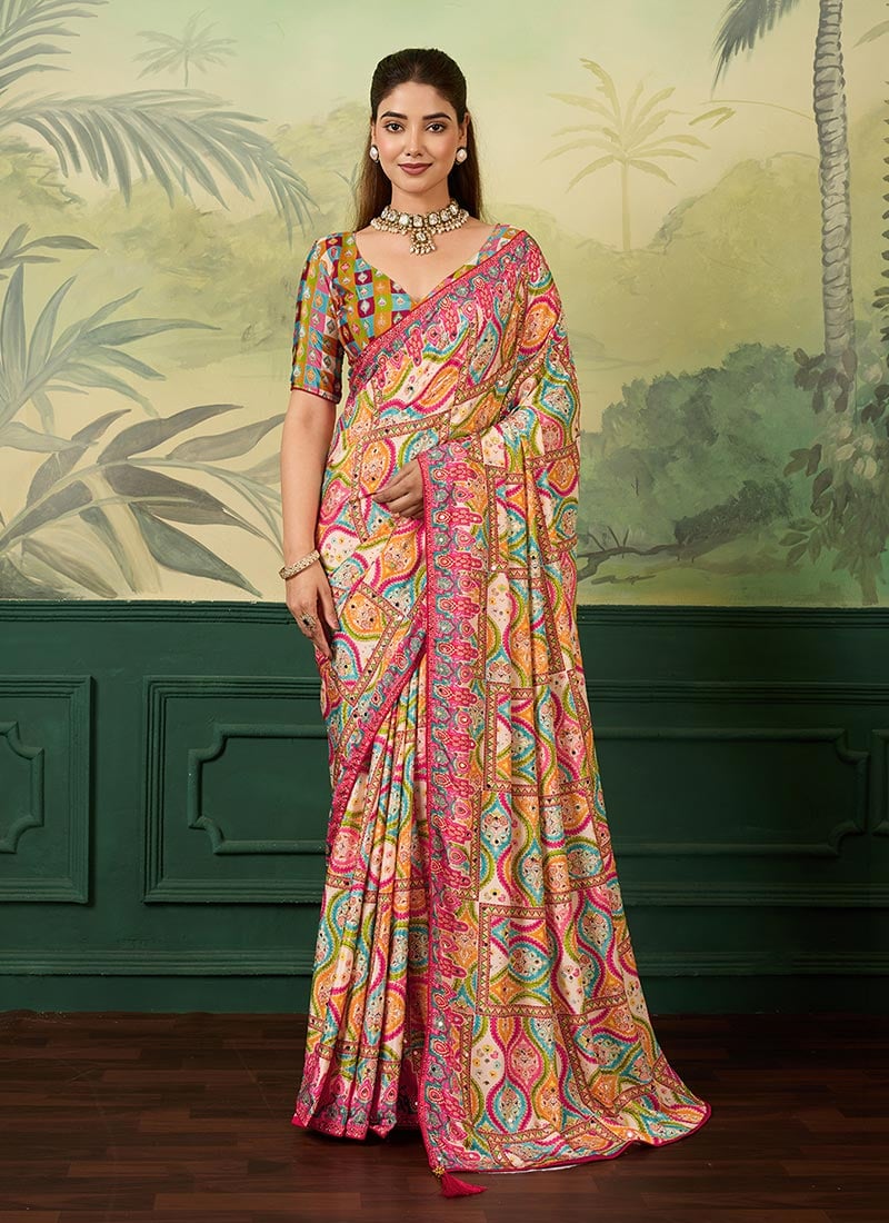 Elegant Multicolor Crepe Silk Digital Print Mirror Work Saree After Six Wear