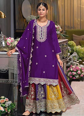Elegant Multicolored Chinon Zari Sequins Embroidered Stones A Line Lehenga