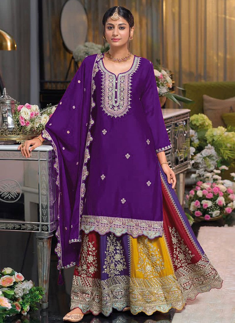 Elegant Multicolored Chinon Zari Sequins Embroidered Stones A Line Lehenga Wedding Wear