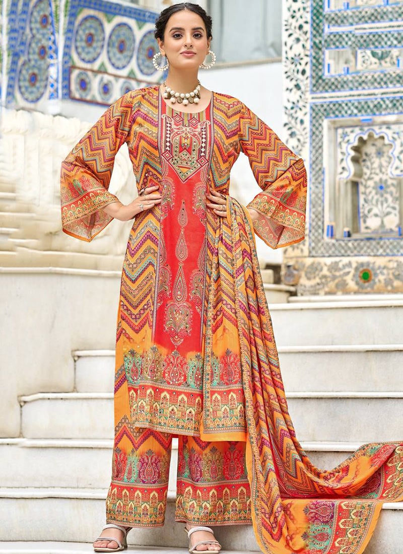 Elegant Multicolored Crepe Silk Mirror Work Digital Print Palazzo Suit Festive Wear