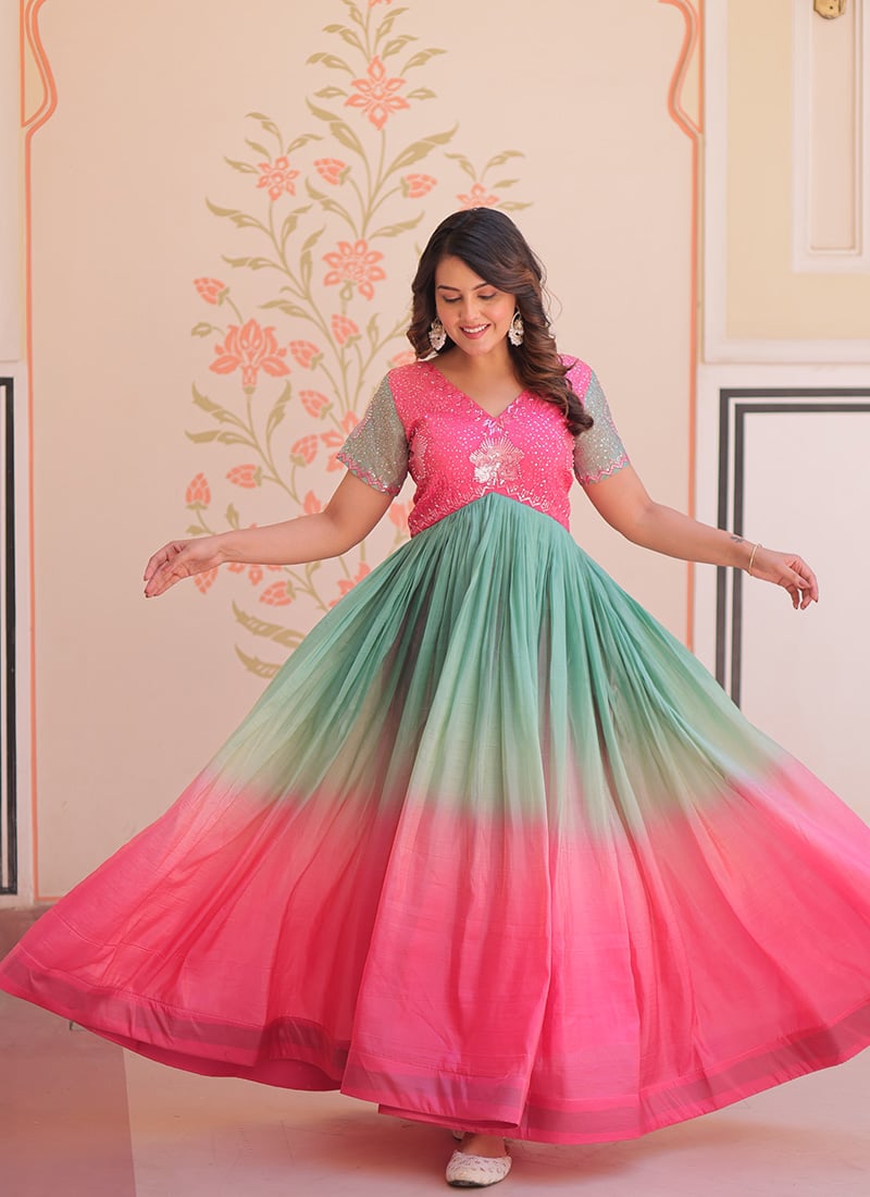 Elegant Multicolored Faux Georgette Sequins Beads Anarkali Gown Festive Wear