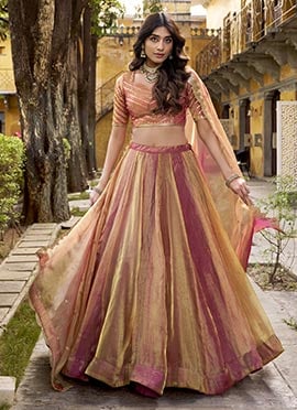 Elegant Multicolored Silk Sequins Embroidered Thread Umbrella Lehenga