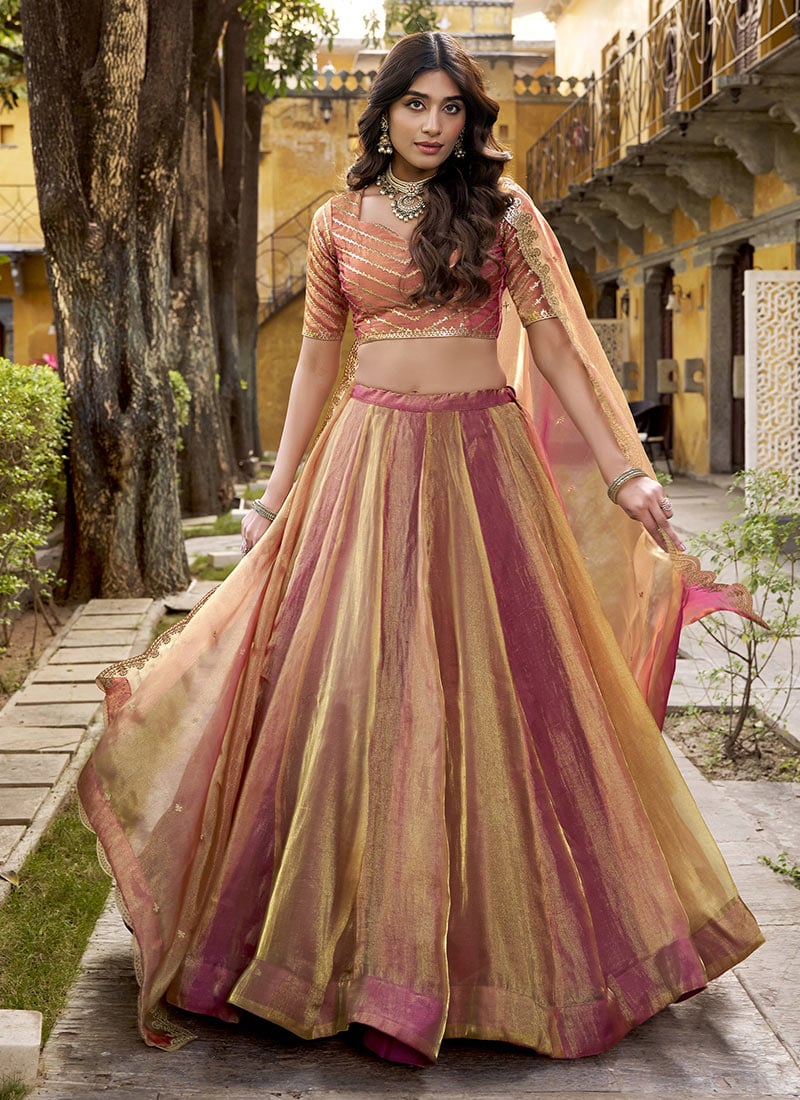 Elegant Multicolored Silk Sequins Embroidered Thread Umbrella Lehenga Wedding Wear