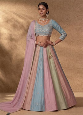Elegant Multicolored Silk Zari Sequins Umbrella Lehenga