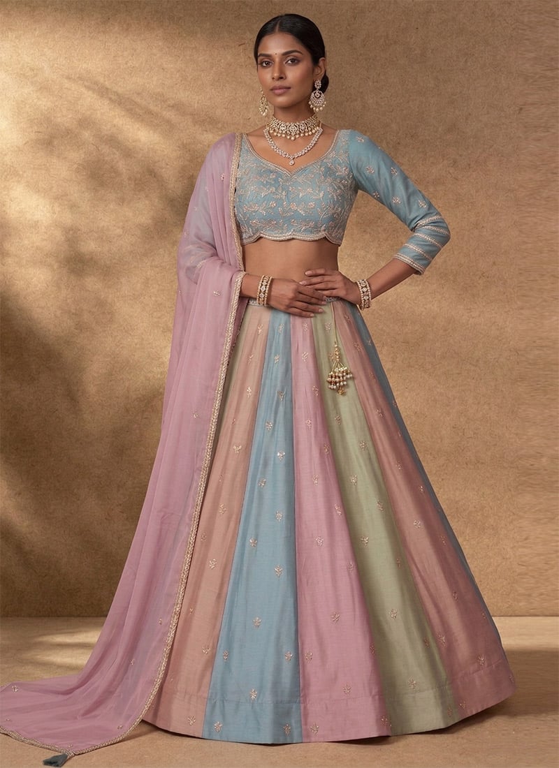 Elegant Multicolored Silk Zari Sequins Umbrella Lehenga Wedding Wear