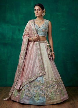 Elegant Multicolour Organza Embroidered Umbrella Lehenga