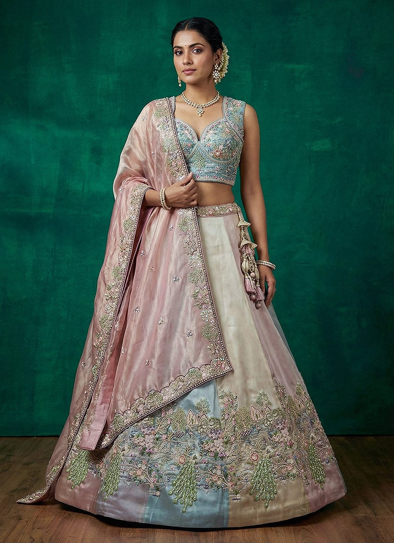 Elegant Multicolour Organza Embroidered Umbrella Lehenga Wedding Wear