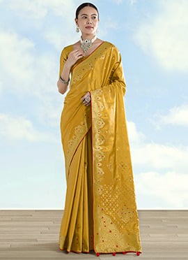 Elegant Mustard Banarasi Tissue Silk Paisley Zari Woven Saree