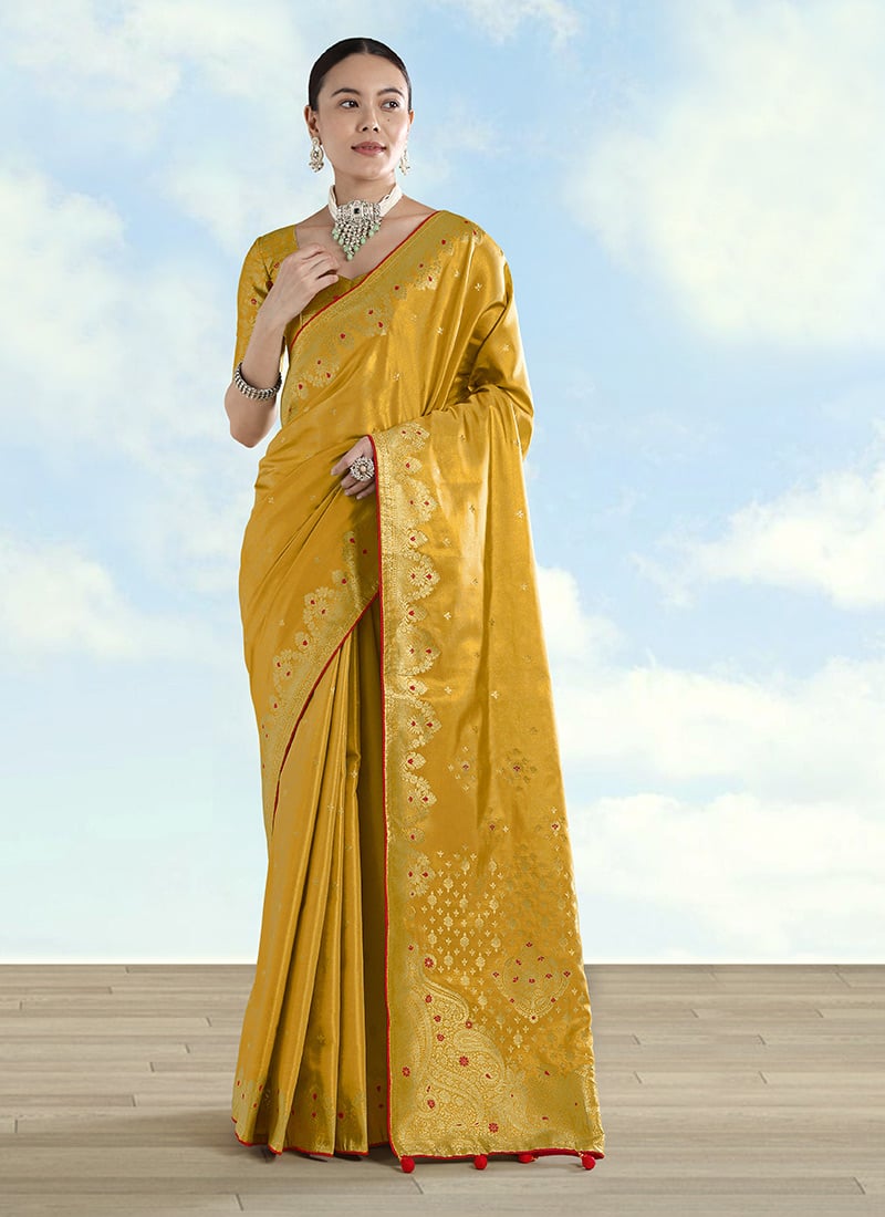 Elegant Mustard Banarasi Tissue Silk Woven Saree Festive Wear